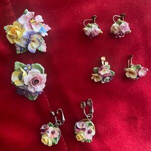 Porcelain Floral Clip-On Earrings and Brooch Sets made in England